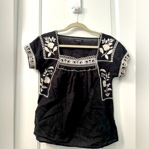 Madewell peasant black embroidered floral top